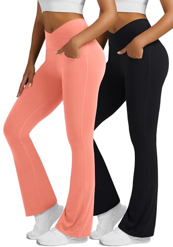 Image of Flare Leggings for Women with Pockets 2pack High Waisted Crossover Flare Leggings Bootcut Yoga Pants