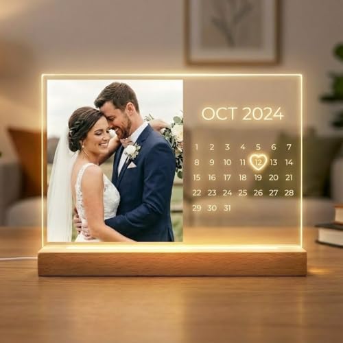 Marco de fotos personalizado con foto, marco de fotos personalizado con luz nocturna de 8 x 6.5 pulgadas, decoración de escritorio acrílica iluminada, el mejor regalo de cumpleaños para parejas