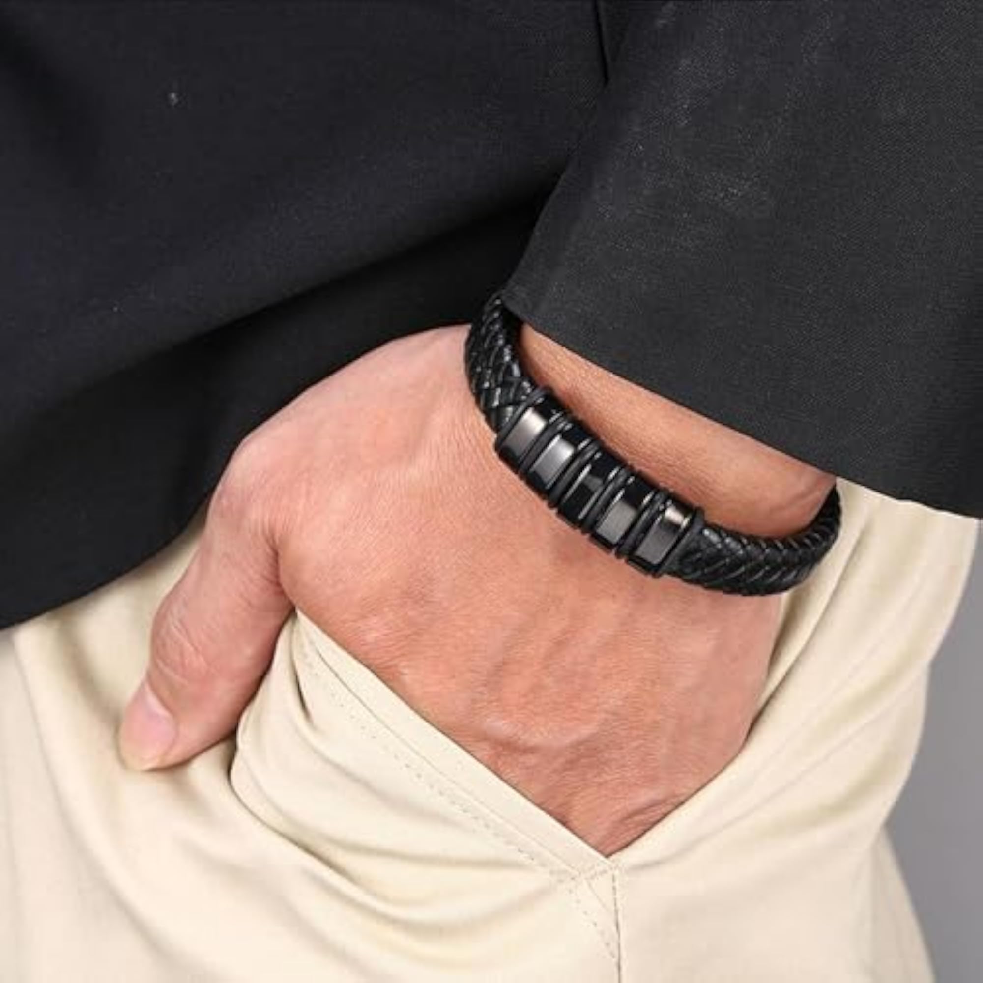 Silver Chain with Square Pendant and Leather Bracelet for Men