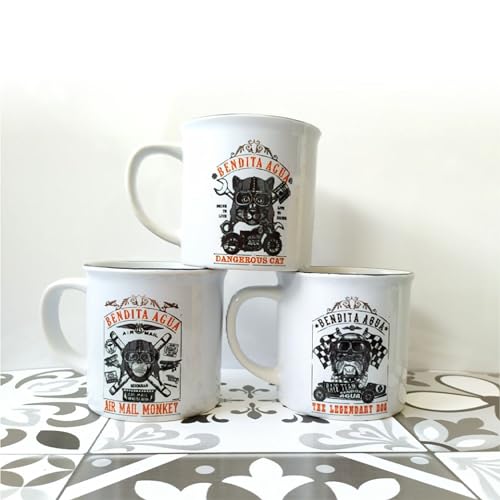 Taza Ceramica antigua Desayuno. Pack 3 piezas de 250ml estilo retro y vintage. Resistente Microondas y lavavajillas. Colección Intrépidos. Regalo original