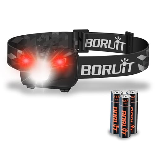 BORUIT BR01 LED Headlamp for Adults & Kids, Running, Camping, Hiking Fishing HeadLamp with White&Red Light,Comfortable Headband, Lightweight& Waterproof, AAA Battery