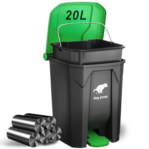 Image of Dog Poop Trash Can Outside, 20L /5Gallon Dog Waste Trash Can with Lid, Pedal and Removable Inner Waste Bin, Pet Poop Bucket with 100 Bags, Green