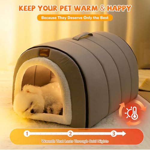 ALLSOPETS Hundehöhle Selbstwärmendes 2-in-1 Faltbares Katzenbett für Katzen und Kleine bis Mittelgroße Hunde, Katzen Iglu Haus Haustierzelt mit Dachhaube und Tragegriffen (Nebelgrau, XL)