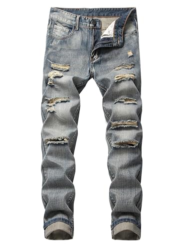 Mens Ripped Denim Pants Mid Rise Straight Leg Slim Fit Long Jeans with Pockets Streetwear Trousers