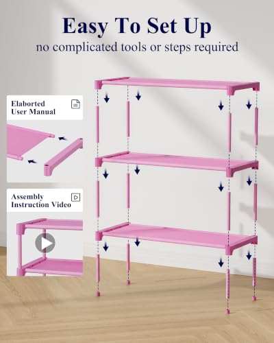 Image of Kitsure Shoe Rack - Non-Woven Shoe Rack Shelf, Shoe Organizer for Closet, Entryway, Garage & Corridor, Stackable Shoe Shelves, 27.5 inch Wide - 3 Tier, Pink
