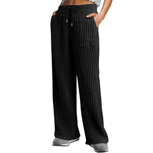 Womens Wide Leg Pants Casual Ribbed Elastic Waist Lounge Pants Drawstring Loose Knit Cute Pajama Bottoms with Pocket2