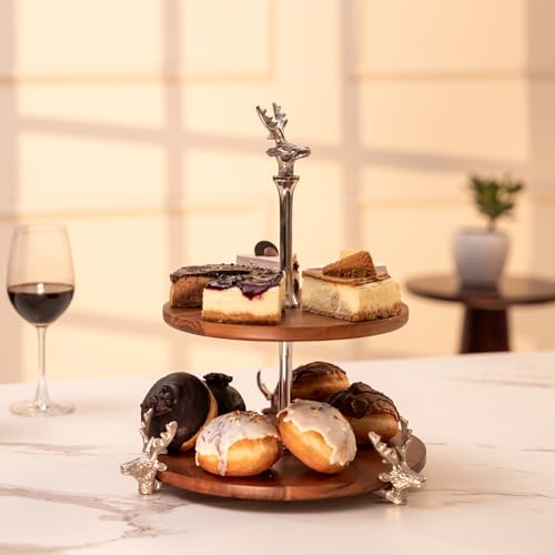 Image of Wildwood Two-tier Cake Stand, Natural & Silver Finish - Cupcake Stand, Desserts, Candy, Fruits, Dry Fruits Plates, Decorative Serving for Wedding, Birthday, Tea Party