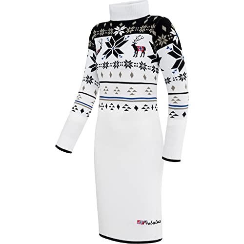 Nebulus Damen Norweger Strickkleid HIGH, Knielang, vielseitig, weiß-schwarz - S/36