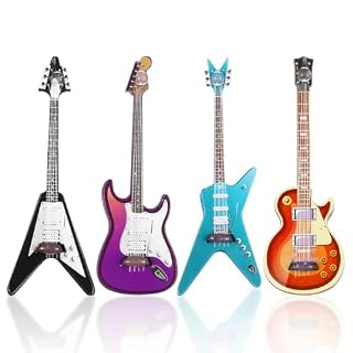 4Pcs Mini Electric Guitar & Bass Guitar Ornament, 1:12 Scale Wooden Miniature Musical Instrument for Mini Music Room, Home Decoration(Purple, Blue, Brown, Black) - Les Beatles, Paul McCartney, John Lennon, RIngo Starr, George Harrison
