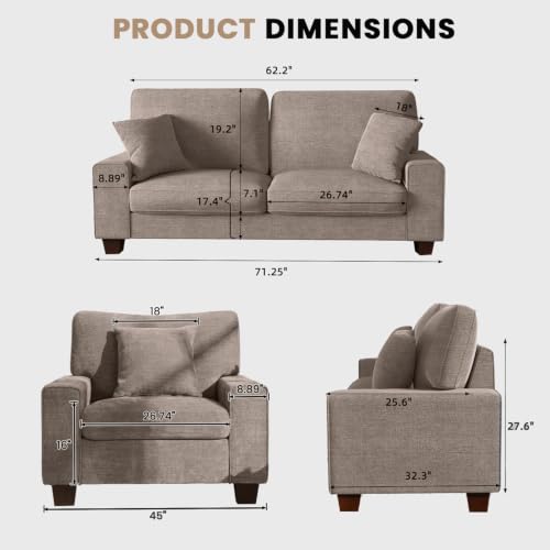 Image of DOPEDIO 71.25 inch Sofa Set, Chenille Loveseat & 2 Accent Chairs, Brown | Modern chenille sofa set with removable covers, spring cushions, solid wood frame, easy assembly for comfortable living rooms