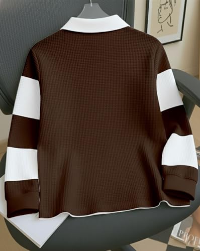Image of Mens Stylish Half Zip Tshirt, Texture Striped Casual T-Shirt for Men, Formal Collared Neck Full Sleeves T-Shirt for Boys