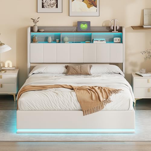 Cama doble con somier de 140 x 200 cm, cama doble con iluminación LED, cama hidráulica con somier, cama de almacenamiento con puerto de carga USB, adecuada para habitaciones de invitados y