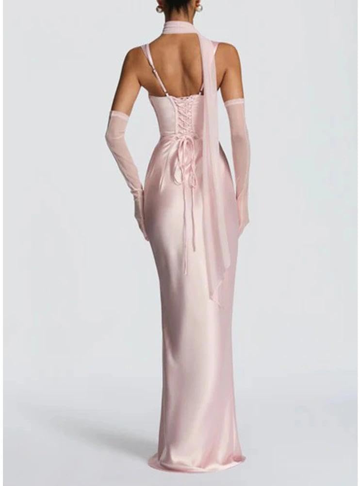 Women Wedding Guest Dress Satin Corset Top Elegant Maxi Dresses with Sheer Scarf Evening Gown - Image 2