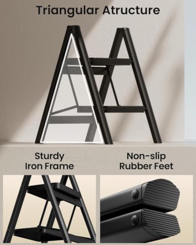 Image of SOLADDER 2 Step Ladder, Folding Step Stool, Lightweight Stepladder, Black