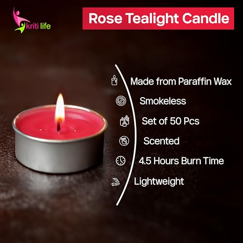 Image of Kriti Life Rose Scented Tealight Candles - 100% Paraffin Wax, Smokeless, Long Burn Time (4.5 Hours), Dripless Red Candles for Home Decor, Diwali, Weddings & Meditation - Set of 50