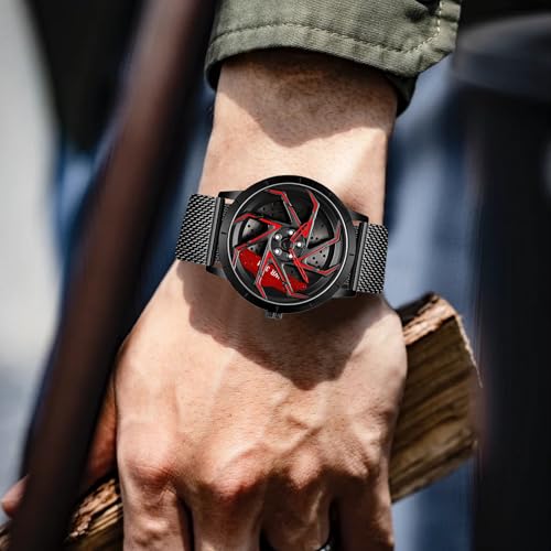 Image of FANMIS Men's Racing Car Wheel Watch 3D Spinning Dial Stainless Steel Watch | Creative 3D Spinning Car Quartz Large Skeleton Face and 30M Water Resistance Designed for Car Fans and Daily Wear.
