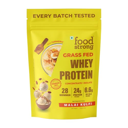 Image of Foodstrong Whey Protein Powder (Concentrate + Isolate), 100% Hormone Free Grass-Fed Whey, 24G Protein & 6.6G BCAA, Malai Kulfi, With Turmeric & Digestive Enzymes, 1KG
