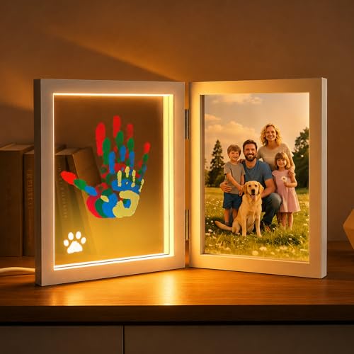 Sortnic Family Handprint Kit with Light 5 Non-Toxic Paints Hand Prints Keepsake Wooden Frame DIY Craft Gift for New Parents & Mom & Baby Grandparents Mothers Day Fathers Day Adoption Day