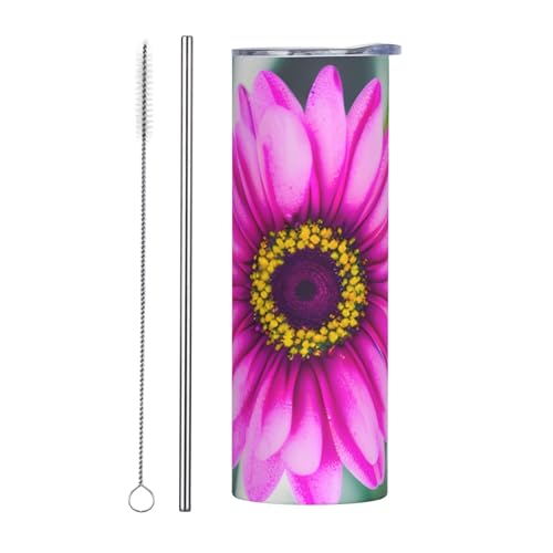 Juego de dos tazas de acero inoxidable con tapa, botella de agua aislada con estampado de flores rosas, fácil de transportar para cafetería, oficina, coche, deportes