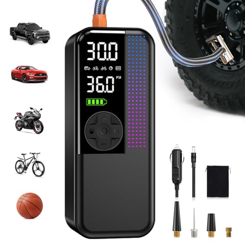 Image of WEOLULI Tire Inflator Portable Air Compressor,150 PSI Cordless Air Pump, 12V DC Car Plug,Dual Power 10000mAh, Fast Inflation 24L /Min, 4 Preset Modes for Car, Bike, Motorcycle, Balls (Black, 10000mAh)