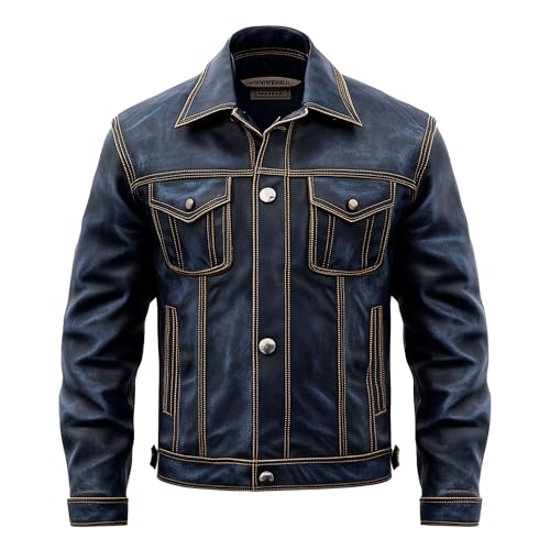 Mens Blue Trucker Denim Style Jacket Multi Pocket Genuine Leather Jackets