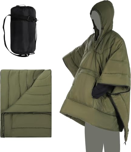 REDCAMP Outdoor Poncho Decke mit Hut, Ultraleicht Multifunktionale und Warm Camping Wasserdichte Decke für Damen und Herren, Wechseln Sie zu Einer Steppdecke oder Schlafsack,für Wandern, Picknick