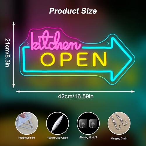 Image of Kitchen Open LED Neon Sign Dimmable Restaurant Wall Decor Fast Food Shop Sign Home Kitchen Decor USB Powered Adjustable Brightness Lights Food LED Neon Light for Restaurant Kitchen Store Snack Shop Party Business Decor