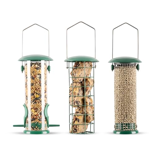 FINE GARDEN Bird Feeders 3 Pack Metal Bird Feeders for Hanging Weather Resistant Garden Bird Feeder Set Tube Dense Mesh Coarse Mesh Best for Fat Balls & Nuts Easy Fill & Clean (Green)