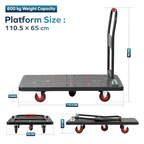 Image of CORVIDS 600 KG Heavy Duty Foldable Hand Platform Trolley| 2 Year Warranty | Industrial Push Cart for Warehouse, Factory & Shop | Anti-Skid Material Handling Truck, Honeycomb Base, 5 Heavy Duty Wheels