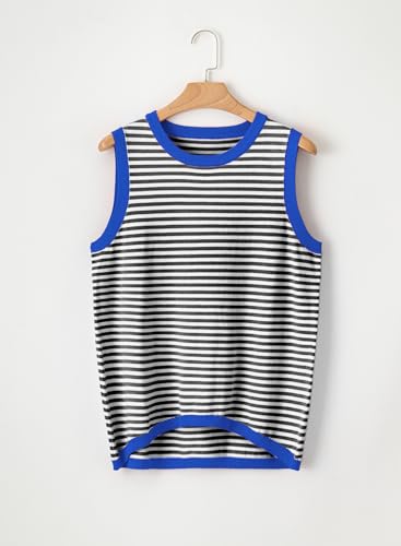Image of Dokotoo Womens Summer Tops 2026 Casual Striped Color Block High Neck Tank Top Loose Knit High Low Sleeveless Shirts Blouses