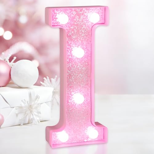 IFDGCTK Pink Glitter LED Light Up Letter I, Cold White Light Marquee Letter