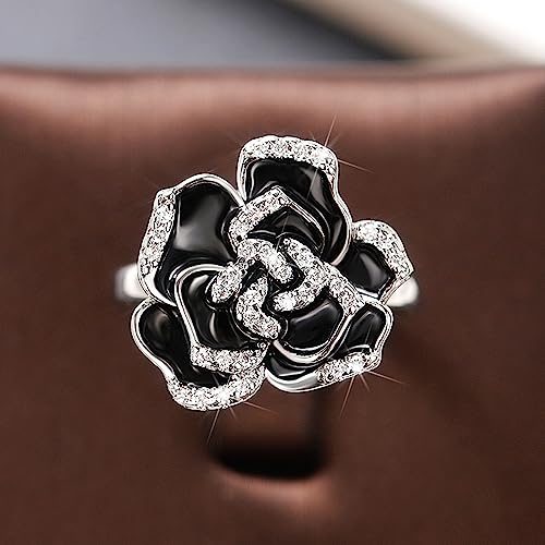 Black Enamel Rose Flower Cubic Zirconia Statement Rings for Women Girls Dainty Crystal Camellia Flowers Engagement Wedding Finger Ring Xmas Jewelry Girlfriend BFF4