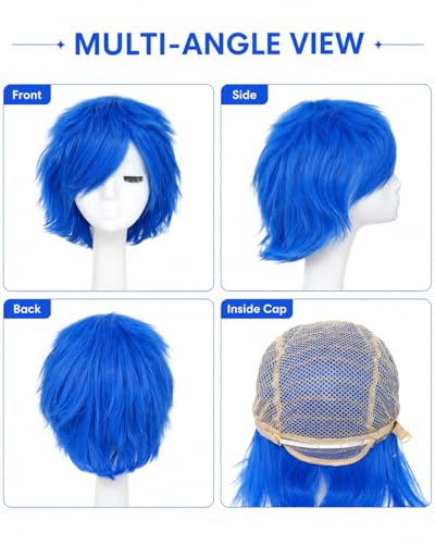 Image of Rose bud Anime Halloween Blue Wig for Cosplay Party Synthetic Layered Short Hair Wigs with Fringe Pastel Funny Wigs for Women Men