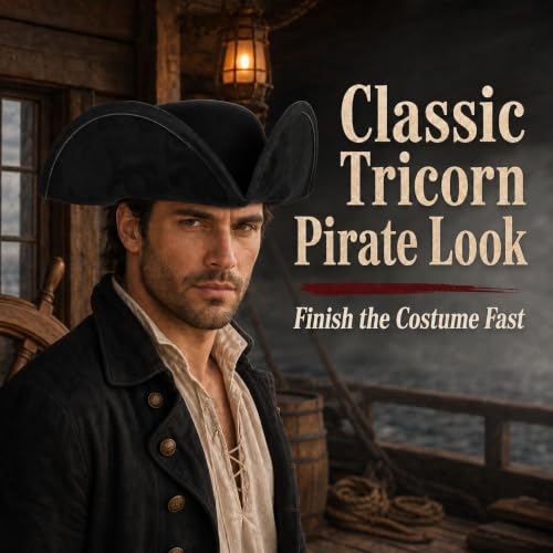 Image of HOMELEX Pirate Tricorn Hat for Adults Halloween Costume | Adult pirate tricorn hat in black, brown, or gold for Halloween, colonial costumes, parties, stage, and photos.