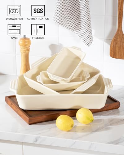 Sweejar Home Ceramic Bakeware Set of 4, Casserole Dishes for Oven, Rectangular Baking Dish with Handles, Lasagna Pans Deep for Cooking, Gratin, Roasting, Banquet and Daily Use(Beige) - Image 3