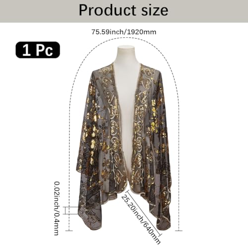 Black Floral Lace Embroidered Shawl Wraps Gold Sparkly Beaded Sequin Scarf Cape Flower Leaf Vine Pattern Vintage 1920S Long Sheer Pashmina Shawls for Women Evening Dress Wedding Bridal Party2