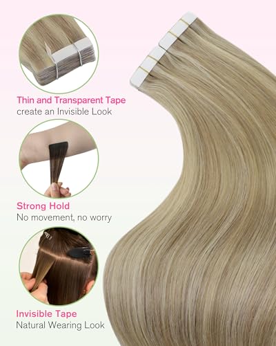 Image of YoungSee Human Hair Tape in Extensions 24 Inch, Tape in Extensions Golden Blonde Highlight Light Blonde, Long Length, Straight Texture, Tape Hair Extension, 20pcs 50g, for Wedding