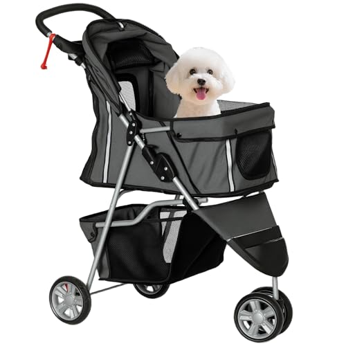 PawHut Carrito para Perros Plegable Cochecito para Mascotas Carrito para Perros Pequeños con Cesta de Almacenaje Ventanas de Malla y 2 Ruedas Universales Carga 15 kg 75x45x97 cm Gris Oscuro