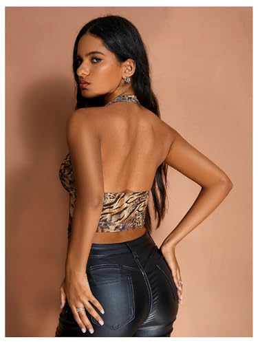 MakeMeChic Women's Cheetah Print Top Halter Corset Top Sexy Deep V Neck Going Out Tops2