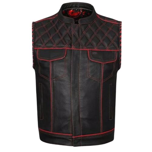 MEN'S BLACK LEATHER MOTORCYCLE VEST – DIAMOND STITCHED CONCEALED CARRY WAISTCOAT WITH RED LINING4