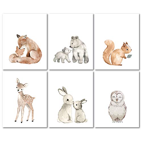 Image of Lambs & Ivy Watercolor Woodland Animals 6-Piece Unframed Nursery Wall Art Decor