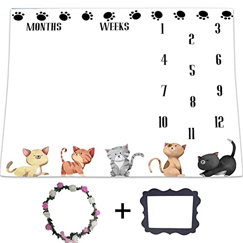 Image of Lovely Cat Baby Milestone Blanket, Soft Baby Months Blanket for Girls & Boys, Animal Paw Print Photography Backdrop Baby Growth Chart 48"x40" BTXYLU42