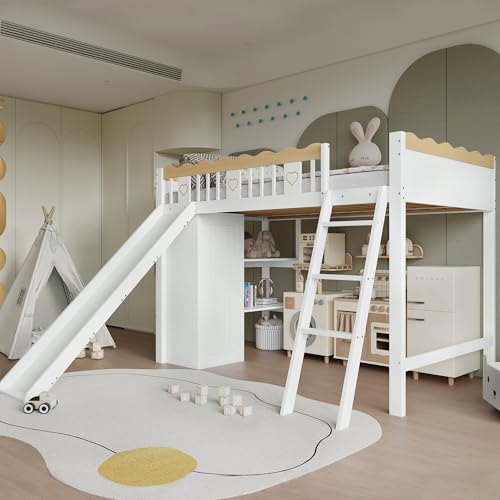 Aunvla Hochbett, Kinderbett, Mit Kinderrutsche, Kleiderschrank und Ablageschrank unter dem Bett, Vierseitiger Zaun mit exquisiten Mustern Kiefer + MDF + Sperrholz, Weiß+Natur, 90x200cm Aunvla Hochbett, Kinderbett, Mit Kinderrutsche, Kleiderschrank und Ablageschrank unter dem Bett, Vierseitiger Zaun mit exquisiten Mustern Kiefer + MDF + Sperrholz, Weiß+Natur, 90x200cm