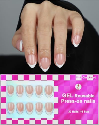 LY LANYOS 16 size white french tip almond press on nails for women,32 pcs super short petite oval nails with glue and stick ，nude french