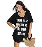 Oryer Women Swimsuit Coverup V-Neck Swimwear Bathing Suit Cover Up Cotton T-Shirt Bikini Dress(D- Black)