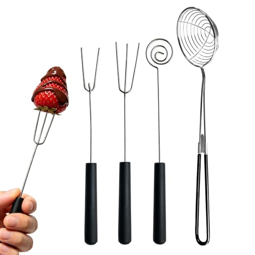 Chocolate Dipping Tool Set 4-Piece - Stainless Steel Candy Making Tools with Fork Slotted Spoon Spear for Truffles Pralines - Dishwasher Safe Dipping Supplies for Baking Fondue