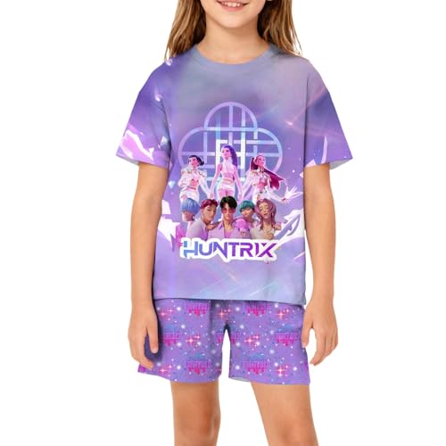 Huntrix K-pop 2 Piece Kpop Outfits Cute Cartoon Graphic Short Sleeve Shirts and Shorts Casual Tracksuit Fashion Clothing Sets