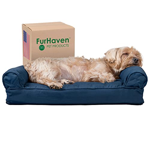 Furhaven Pillow Dog Bed for Small Dogs w/Removable Bolsters & Washable Cover - Quilted Sofa - Navy (Blue), Small