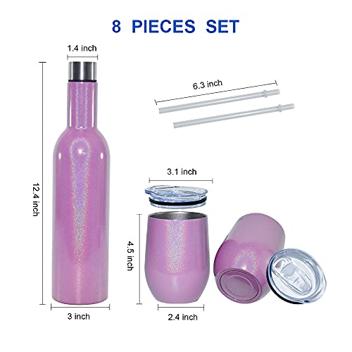 Agh Insulated Wine Bottle And Tumbler Set, Glitter Stainless Steel 25 Oz Bottle And 2 12 Oz Stemless Wine Tumbler Glasses With Lid And Straw, Double Wall Wine Chiller For Champagne Cocktail #TOP6