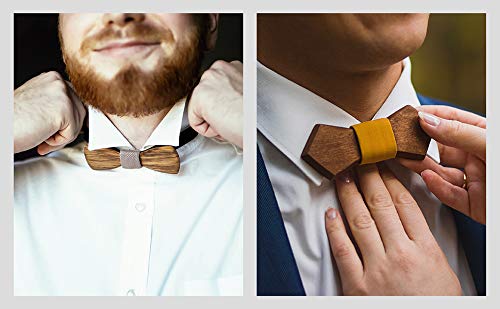 Classic Handmade Mens Wood Bow Tie with Matching Pocket Square and Men's Cufflinks Set - Thumbnail 4